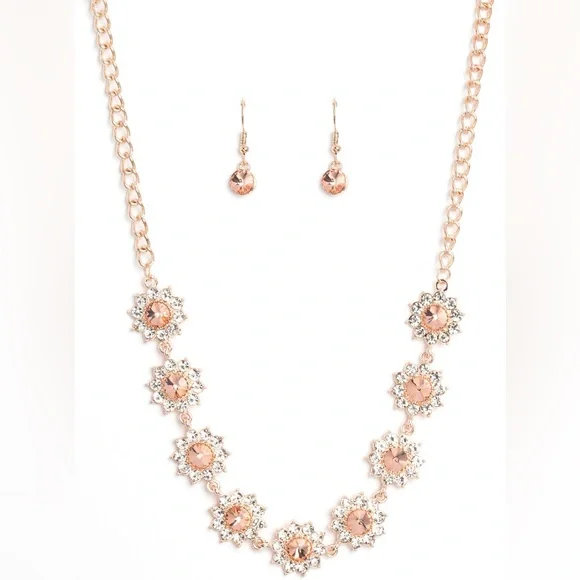 NEW Boutique Rose Gold & Silver Diamond Floral Necklace & Earrings Jewelry Set - Picture 3 of 3